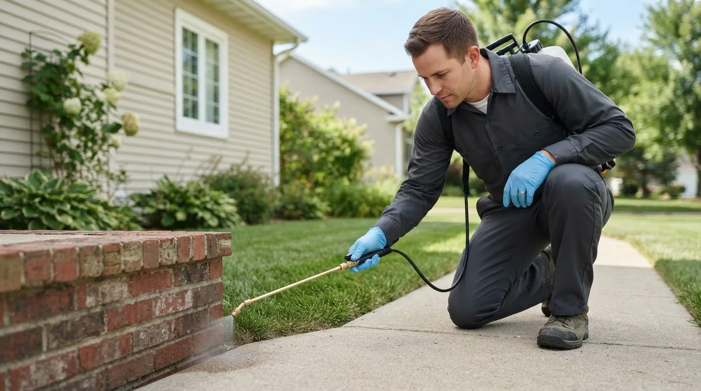 Pest control technician treating a home near Kyle, WV
